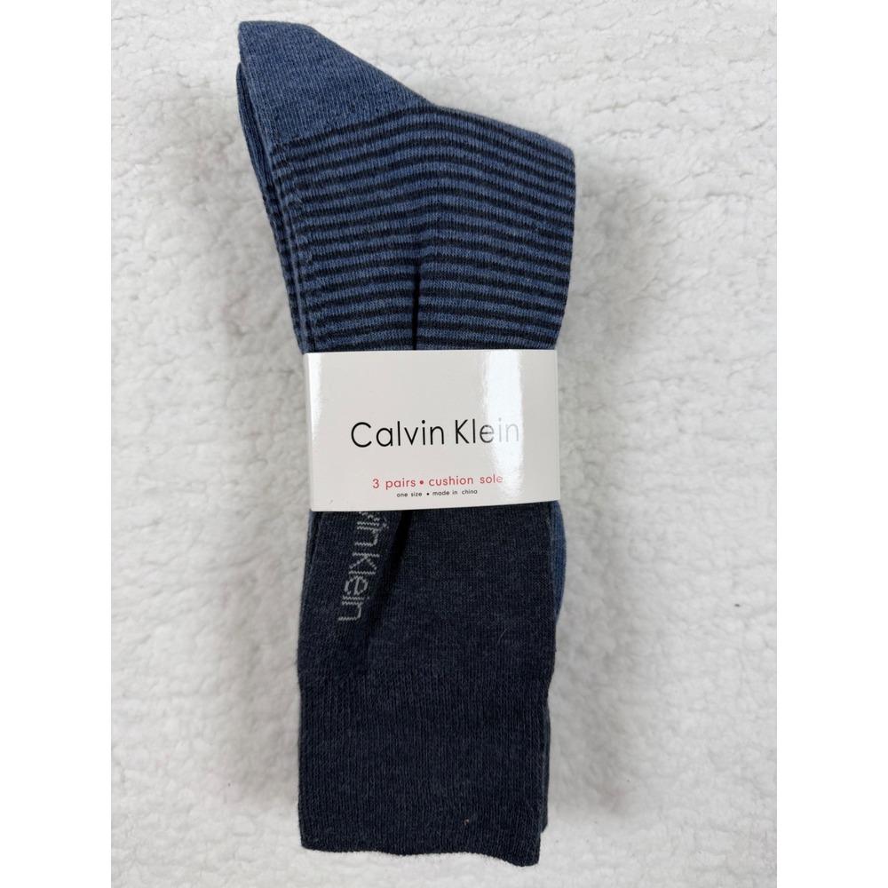 Calvin Klein Men's Crew Socks 3 Pack Blue Stripe Cushion Sole Cotton US 7-12 NEW